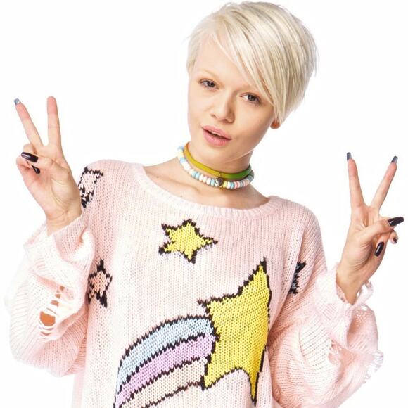 WILDFOX Womens Shooting Star Distressed Pink Knit Lennon Tunic Sweater Size XS - Picture 1 of 8